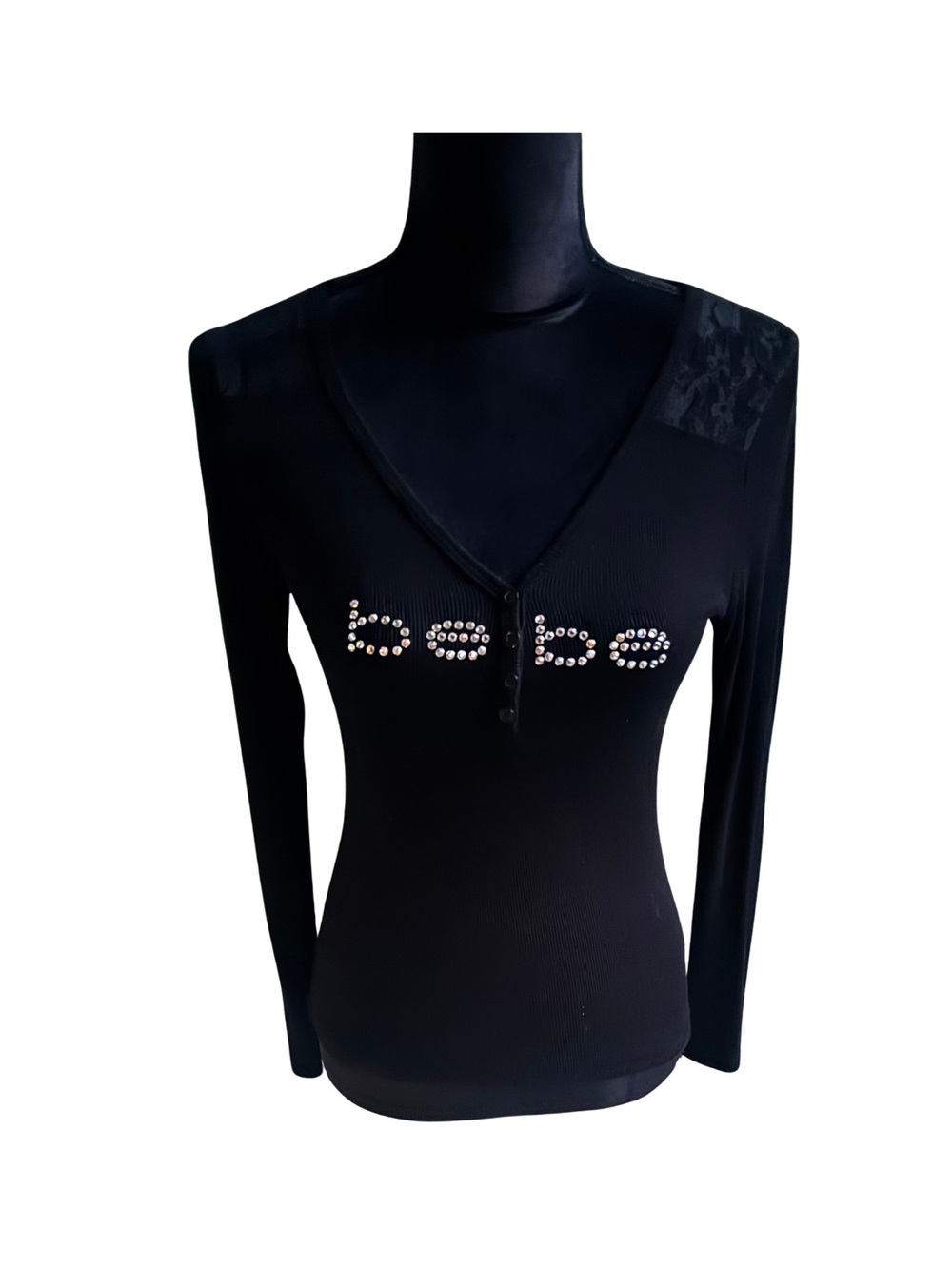 Vintage Bebe Swarovski Crystal Ribbed Lace Black Henley Top M Rare